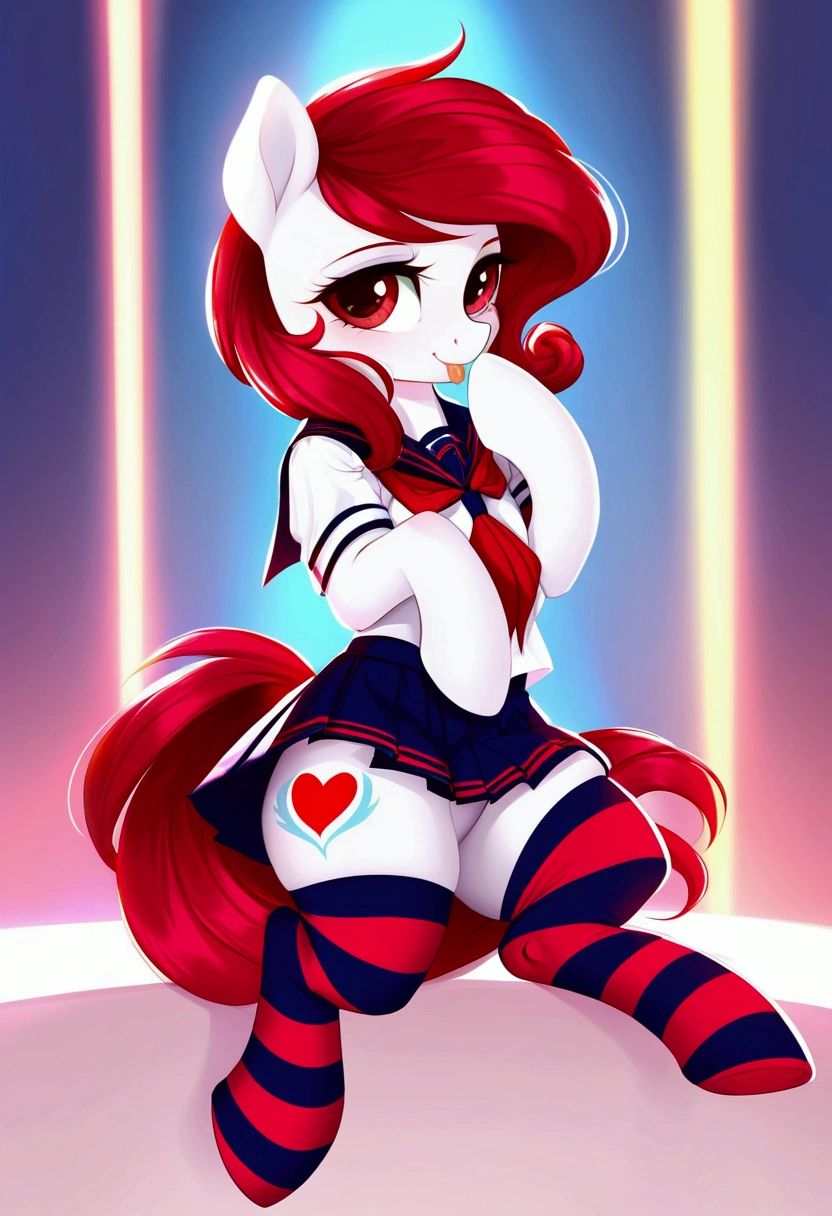 radiant lighting, vibrant colors, whimsical atmosphere, 8K, high resolution, highly detailed, masterpiece, (((my little pony))), four stockings, (red hair, white body, red eyes) cute face, tongue out, (seductive school uniform), striped stockings, hoove up