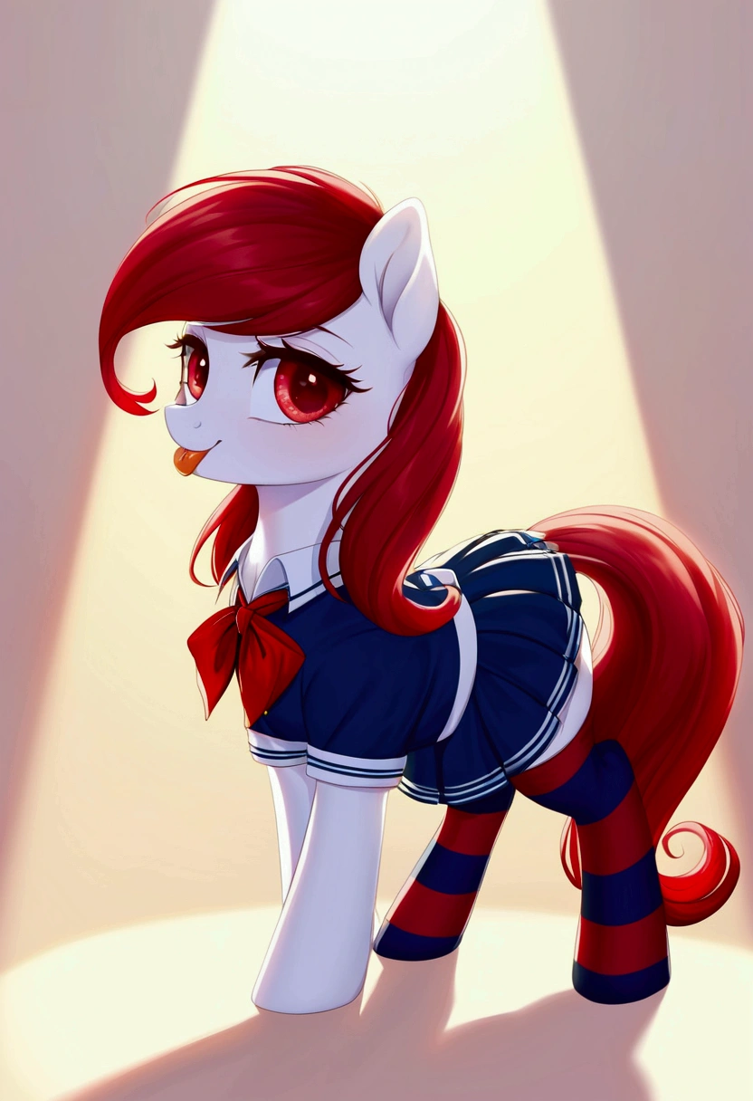 radiant lighting, vibrant colors, whimsical atmosphere, 8K, high resolution, highly detailed, masterpiece, (((my little pony))), four stockings, (red hair, white body, red eyes) cute face, tongue out, (seductive school uniform), striped stockings, hoove up