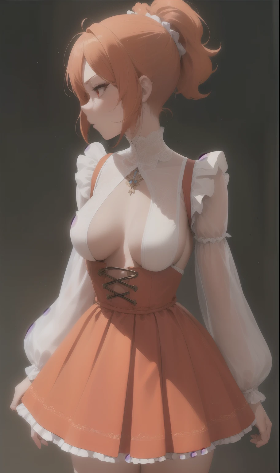 (masterpiece, Highest quality:1.2), Very detailed, Detailed Hair, Soft Skin,

One girl, alone, Are standing, Upper Body, 

Orange Hair, Short Hair, High Ponytail, Long ponytail,Anime painting，　Big Tits，

Red eyes, Long eyelashes, Thick eyelashes, View your viewers,

Red dress, backless dress, Glamorous Dress, Fluffy skirt, mini skirt, Puffy sleeves, Juliet Sleeve, Long sleeve,

nude,

Black background,

