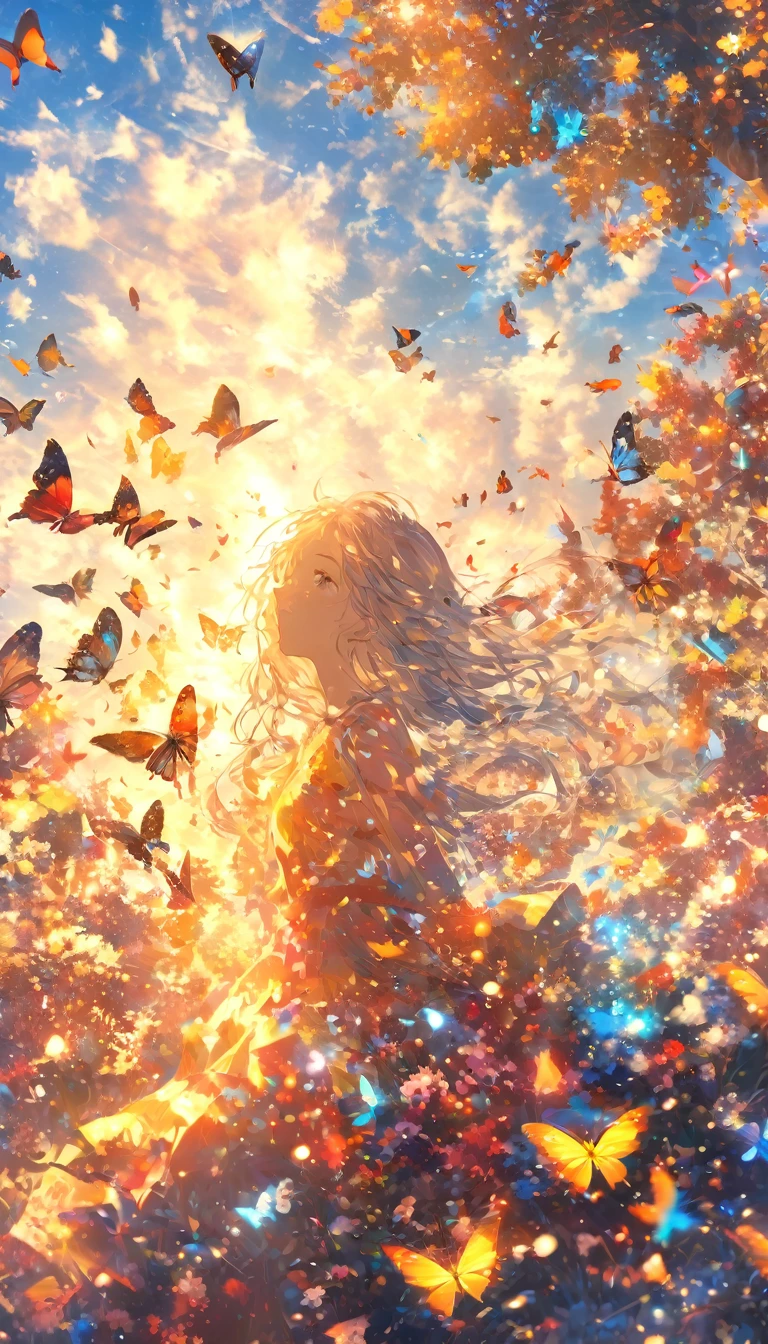 (woman\(student, 15 years old, JK, Long Hair, Colorful eyes, Pale skin,) Looking up at the sky), (Many butterflies flying in the sky), Beautiful sky, summer,Colorful flowers are blooming everywhere, Mysterious and dreamy ,Giant Tree,quality\(8K,CG wallpaper, masterpiece,High resolution,top-quality,Surrealism,Increased resolution,RAW Photos,Best quality,Very detailed,Light,Ray Tracing,Golden Ratio)longeyelashes, solid circle eyes, silver hair, half-closed eyes, sad, drop shadow, anaglyph, stereogram, tachi-e, atmospheric perspective, wide shot, reflection light, 8K, super detail, best quality, anatomically correct