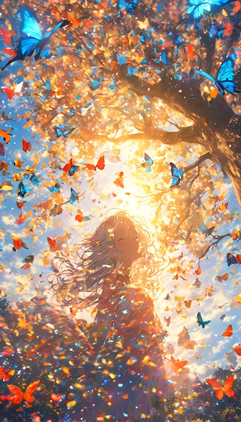 (woman\(, 15 yearong Hair, Colorful eyes, Pale skin,) Looking up at the sky), (Many butterflies flying in the sky), Beautiful sky, summer,Colorful flowers are blooming everywhere, Mysterious and dreamy ,Giant Tree,quality\(8K,CG wallpaper, masterpiece,High resolution,top-quality,Surrealism,Increased resolution,RAW Photos,Best quality,Very detailed,Light,Ray Tracing,Golden Ratio)longeyelashes, solid circle eyes, silver hair, half-closed eyes, sad, drop shadow, anaglyph, stereogram, tachi-e, atmospheric perspective, wide shot, reflection light, 8K, super detail, best quality, anatomically correct