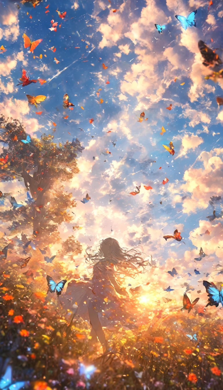 (woman\(student, ************, ＪＫ, Long Hair, Colorful eyes, Pale skin，) Looking up at the sky), (Many butterflies flying in the sky), Beautiful sky, summer，Colorful flowers are blooming everywhere, Mysterious and dreamy ,Giant Tree，quality\(8K,CG wallpaper, masterpiece,High resolution,top-quality,Surrealism,Increased resolution,RAW Photos,Best quality,Very detailed,Light,Ray Tracing,Golden Ratio)longeyelashes, solid circle eyes, silver hair, half-closed eyes, sad, drop shadow, anaglyph, stereogram, tachi-e, atmospheric perspective, wide shot, reflection light, 8K, super detail, best quality, anatomically correct