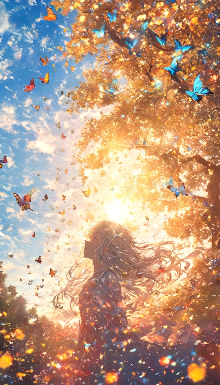 (woman\(student, , JK, Long Hair, Colorful eyes, Pale skin,) Looking up at the sky), (Many butterflies flying in the sky), Beautiful sky, summer,Colorful flowers are blooming everywhere, Mysterious and dreamy ,Giant Tree,quality\(8K,CG wallpaper, masterpiece,High resolution,top-quality,Surrealism,Increased resolution,RAW Photos,Best quality,Very detailed,Light,Ray Tracing,Golden Ratio)longeyelashes, solid circle eyes, silver hair, half-closed eyes, sad, drop shadow, anaglyph, stereogram, tachi-e, atmospheric perspective, wide shot, reflection light, 8K, super detail, best quality, anatomically correct