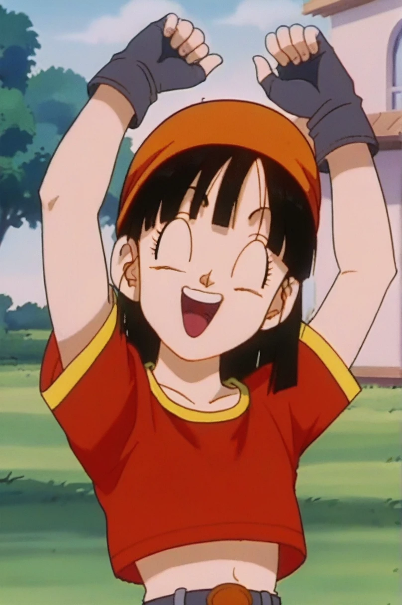 source_anime, score_9, score_8_up, score_7_up, anime screencap,
pangt, 1girl, solo, smile, open mouth, bangs, happy, grass, black hair, field, collarbone, upper body, :d, teeth, blunt bangs, outdoors, black eyes, arm up, eyelashes, upper teeth only, happy, red crop top, close-up, bandana, retro artstyle, , 1990s \(style\), orange headwear, tongue, raised eyebrows, arms up, short hair, ropa escasa, trasero sexy, cuerpo completo, culo mediano, pechos medianos, cuerpo completo, cuerpo sexy