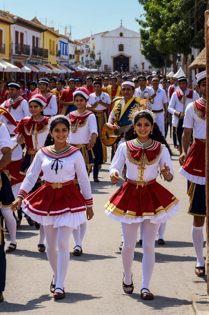 ."Festival in Trujillo:Description for AI: "A festival in Trujillo, with sailor dancers dressed in traditional costumes, live music and festive decorations."