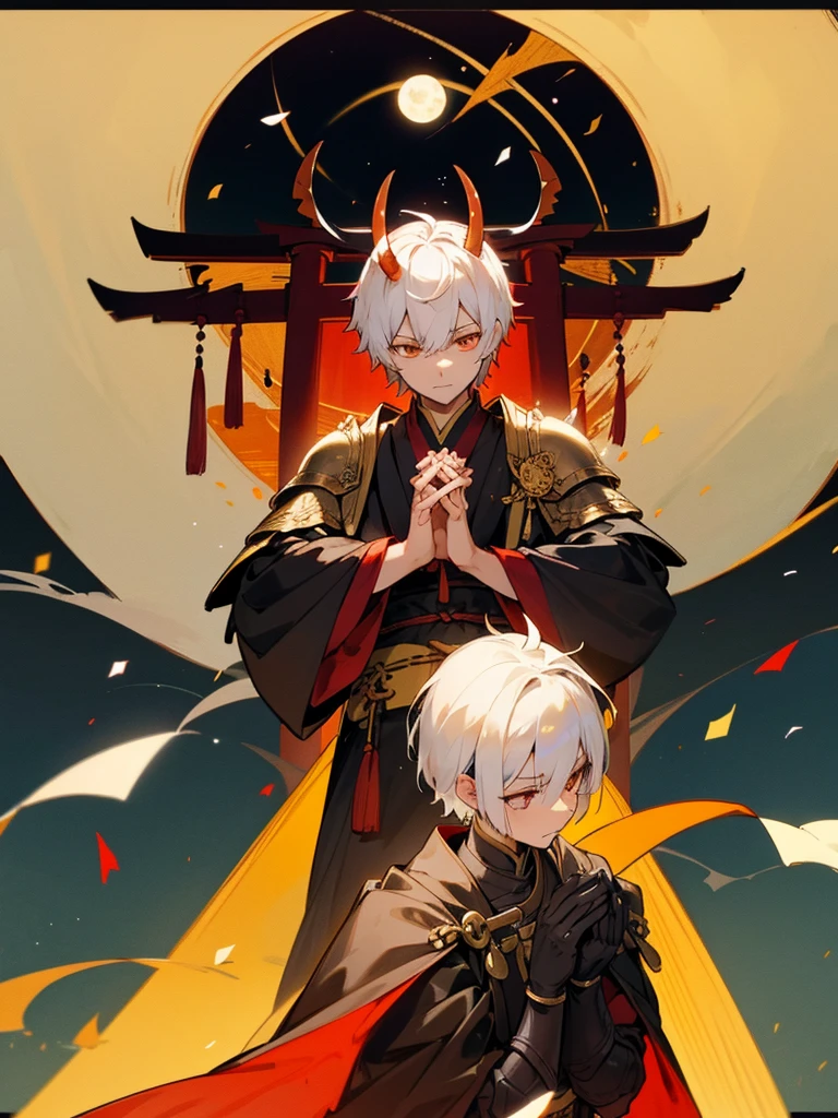 Demon, evil eye, horn, white short hair, black Western armor, torii gate, man, full moon, hands together in prayer