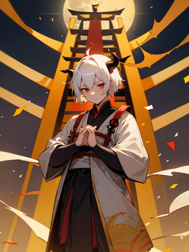Demon, evil eye, horn, white short hair, black armor, torii gate, man, full moon, hands together in prayer, golden lion, confetti