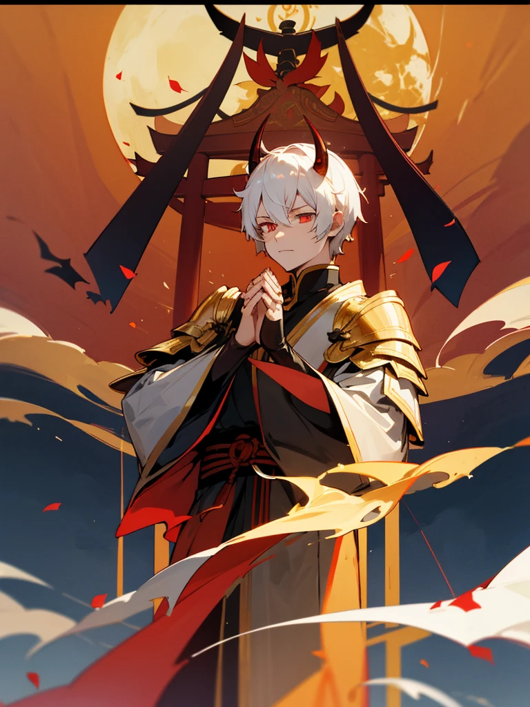 Buddha,Burning Eyes, horn, white short hair, black armor, tori ready, man, full moon, hands together in prayer, Zen meditation golden lion Chi Japanese sword demon vengeful spirit evil spirit Tai Chi図武神伦