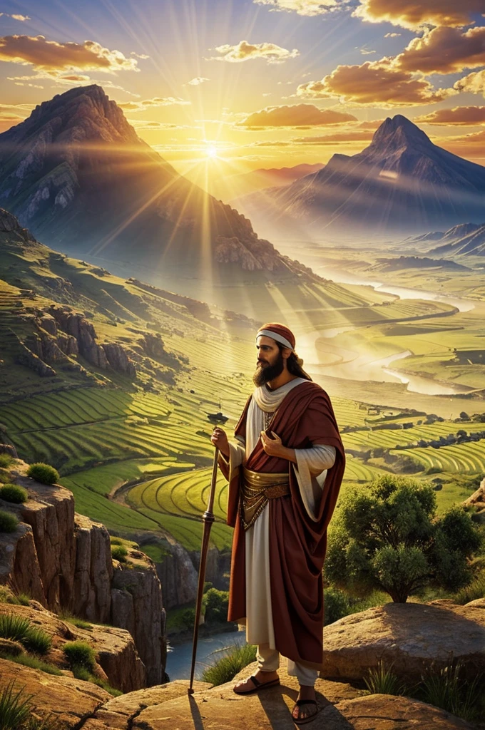 Create a detailed and inspiring scene based on Joshua 1:8-9. Depict Joshua, an ancient biblical figure, standing on a rocky hillside overlooking the Promised Land at dawn. He is holding an open scroll of the Torah, with golden light illuminating the text. His expression is one of deep contemplation and determination. Behind him, a lush, fertile landscape stretches out with fields, rivers, and distant mountains, symbolizing the prosperity of the Promised Land. Surrounding Joshua are subtle, glowing figures of angels or divine presence, indicating God's support and encouragement. The sky above is painted in vibrant dawn colors, with rays of sunlight breaking through clouds, symbolizing hope and divine guidance. The overall mood should be one of strength, courage, and divine inspiration, with warm and uplifting colors.