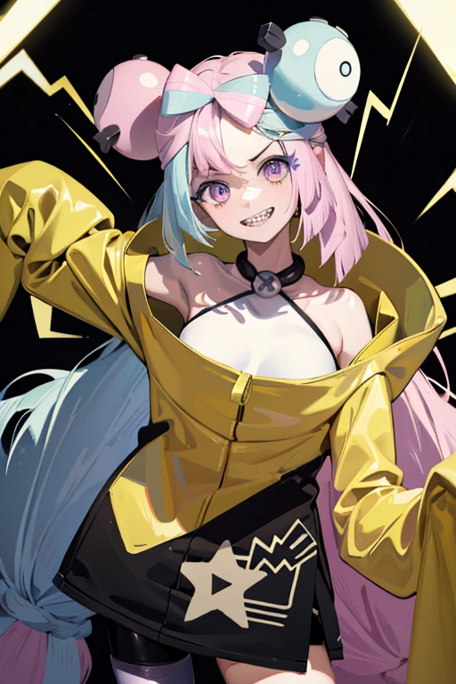 masterpiece, Highest quality, High resolution,Anime Style、Follow the prompts、Extremely detailed、In detail down to the smallest detail、A loose yellow jumper、See-through innerwear、The pupil goes from purple to pink to yellow as it moves downwards.、Her hair is a light pink on the right side and light blue on the left side.、Close your eyes and smile、Looks satisfied、piece、Jagged teeth