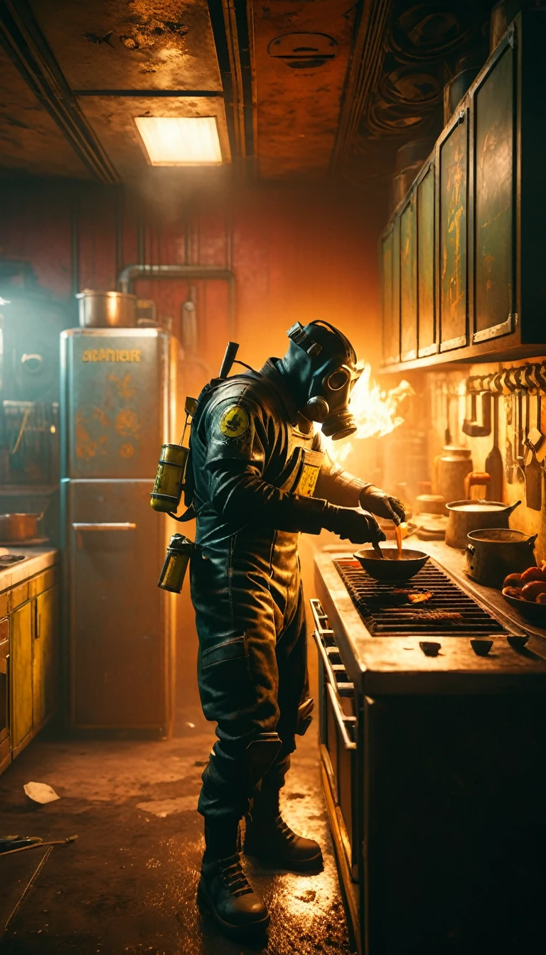 a man in a gas mask preparing food in a cyberpunk style kitchen, fallout 4 screenshot, cyberpunk 2077, fallout concept art, apocalyptic, intricate details, cinematic lighting, moody atmosphere, gritty textures, warm color palette, volumetric fog, hyper-realistic, 8k, photo-realistic, masterpiece