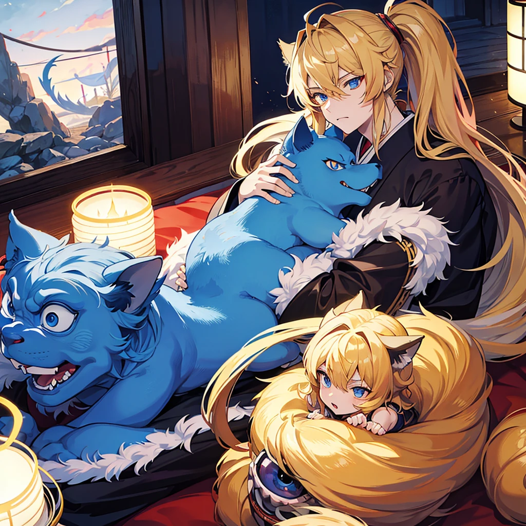 Masculine, monstrous version of the Japanese spirit Komainu with big blonde hair and blue eyes