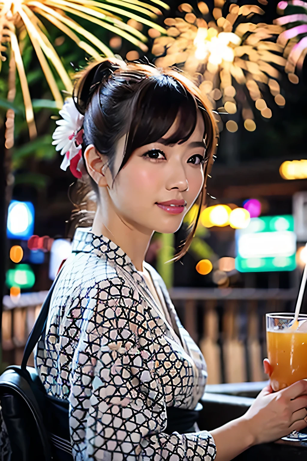 (masterpiece, highest quality:1.2), detailed face, late night dark background, woman sitting at table with drink and big fireworks in background, wearing yukata, cinematic photo shoot, square, festival, crystal, medium close-up, Sang Yun-ju in long yukata, f 2.8 3 5 mm, beautiful avatar photo, low angle shot, handsome (masterpiece:1.2) Tokyo night view in background, (real:1.2) (bokeh) (highest quality) (detailed skin:1.2) (exquisite details) (night) (8k) (high resolution) (cinematic lighting) (sharp focus), ((close-up portrait:1.2)), looking away, (natural skin, real skin:1.5), dark eyes, low angle shot,