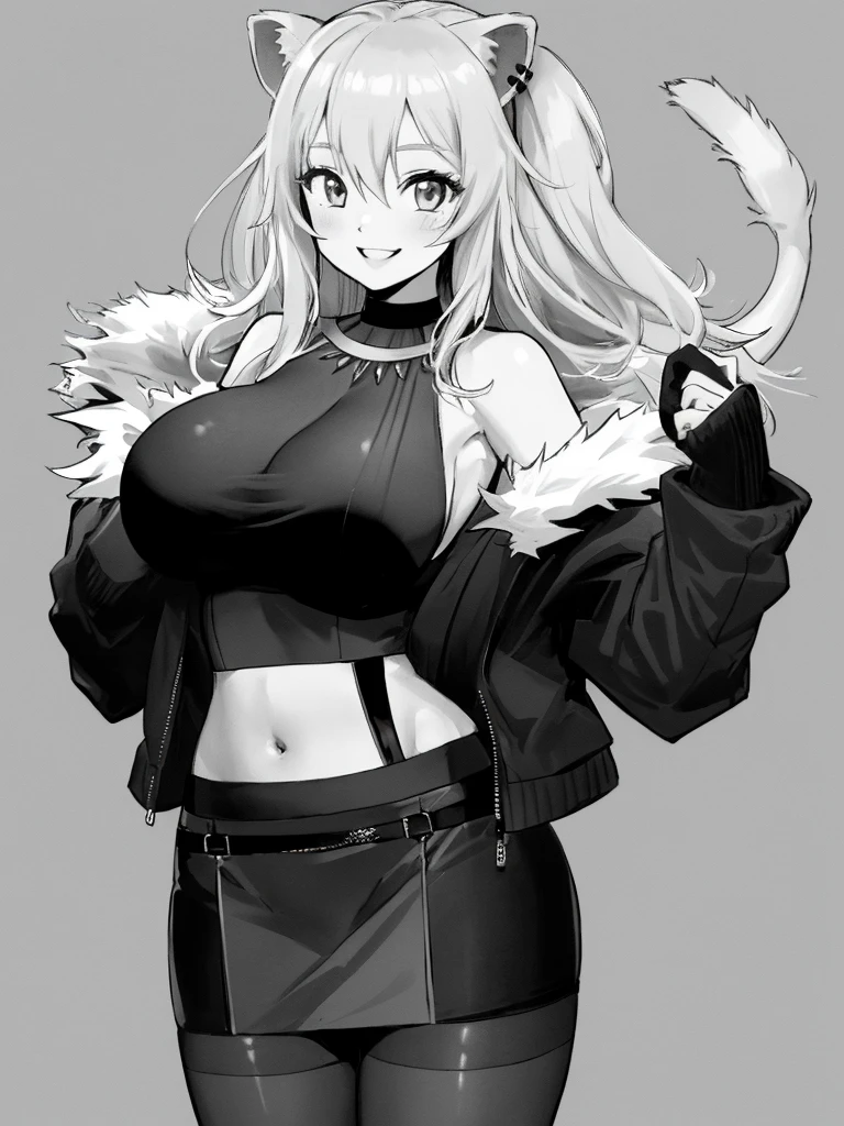 1girl, solo, grey scale, huge breasts, smile, Botan, BotanOutfit, fur-trimmed, jacket, long hair ,pencil skirt,pantyhose,looking viewer,bare shoulder