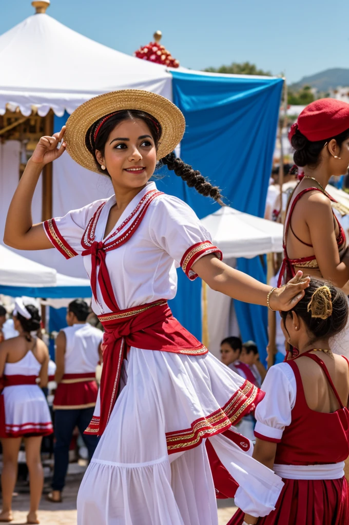 ."Festival in Trujillo:Description for AI: "A festival in Trujillo, with sailor dancers dressed in traditional costumes, live music and festive decorations."