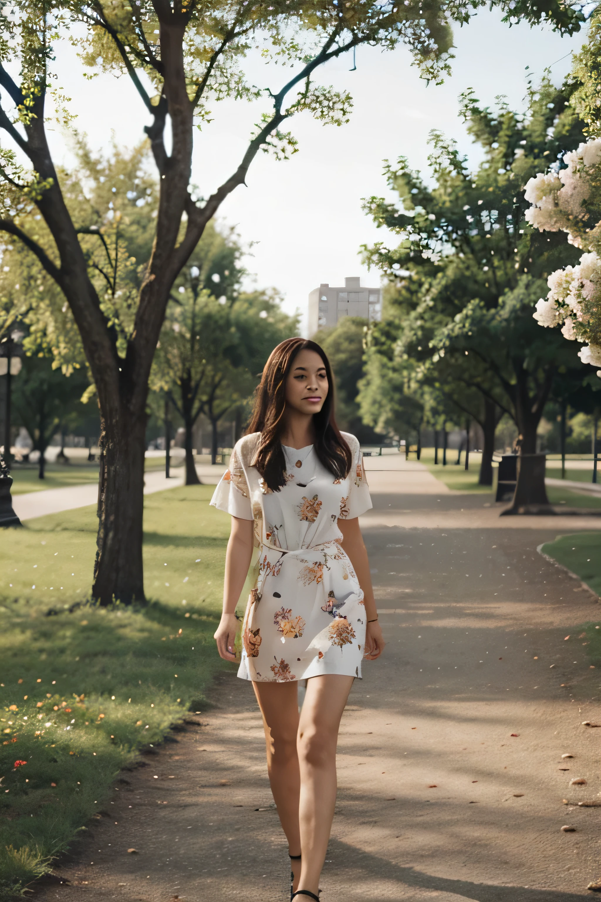 A woman walks in the park there are flowers behind her