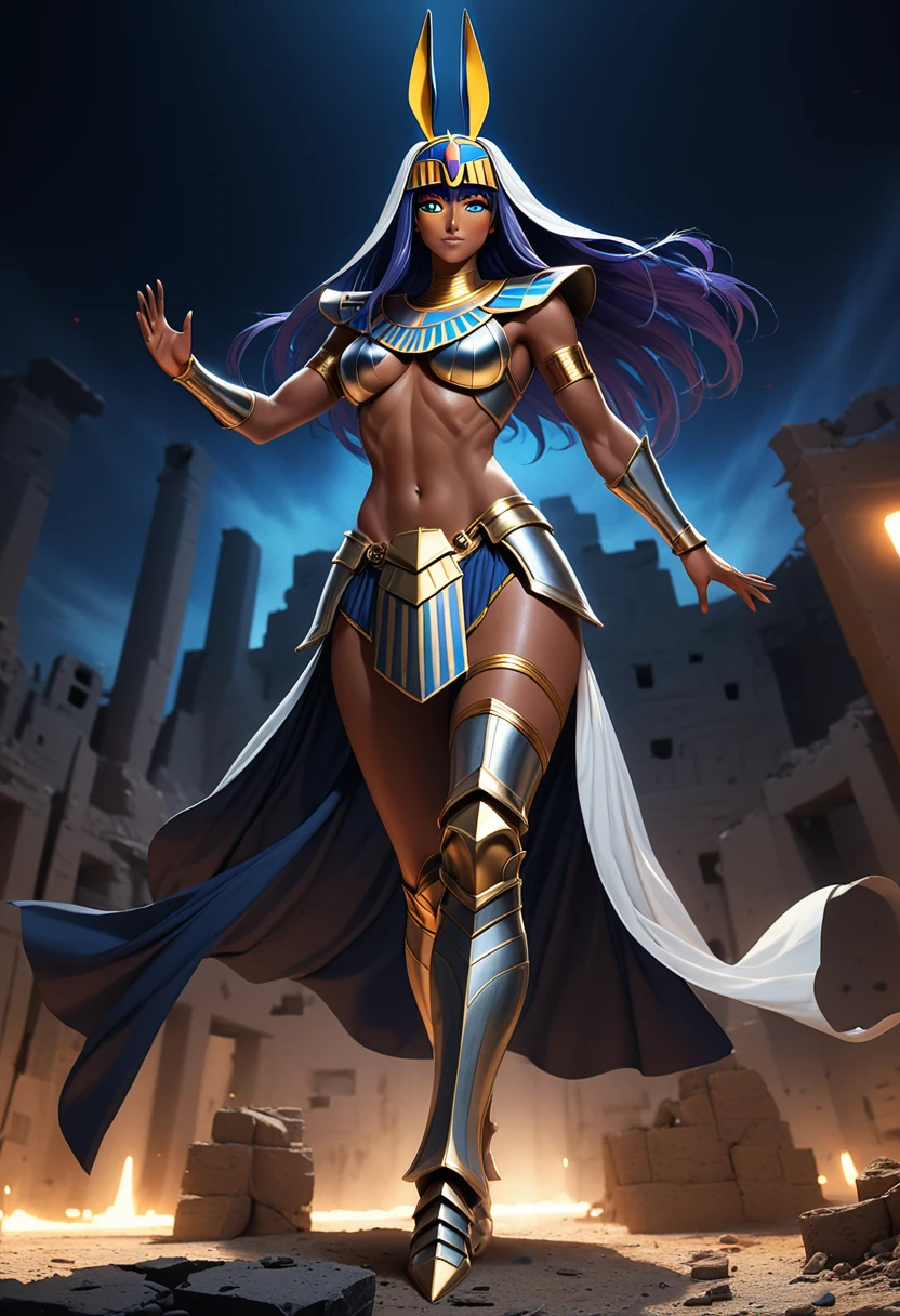(masterpiece, top quality, best quality, beautiful and aesthetic:1.2), full body, SFW, extremely detailed, detailed eyes, yellow eyes, detailed hands, cinematic light, depth of field, 1girl, seducing smile, solo, official, (full armored knight:1.4), Nitocris Alter Fate, slim body, tanned, tan skin, egyptian, pharaoh, cinematic lighting, dramatic lighting, dramatic atmosphere, hyper-realistic, high resolution, stunning contrast, high quality, best quality, 8k, 4k, intricately detailed, (amazing details:1.2), highly detailed skin, powerful presence, vibrant colors, (detailed eyes:1.2), striking eyes, (detailed background), (warzone on background, night, ruins), (dynamic angle:1.2), (dynamic pose:1.2)