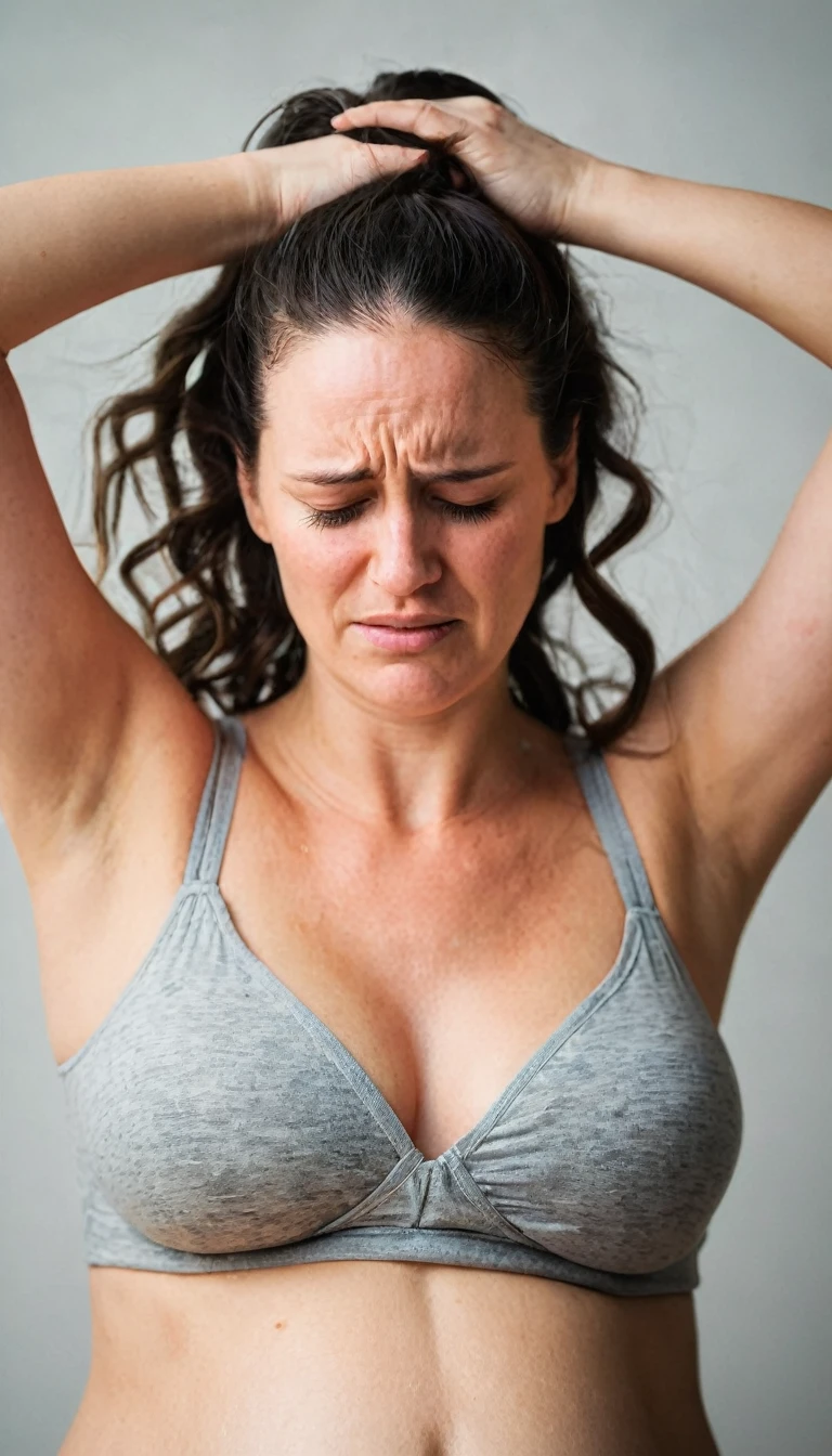 a pregnant woman highlights her belly with her hands over her hair with a face of great pain