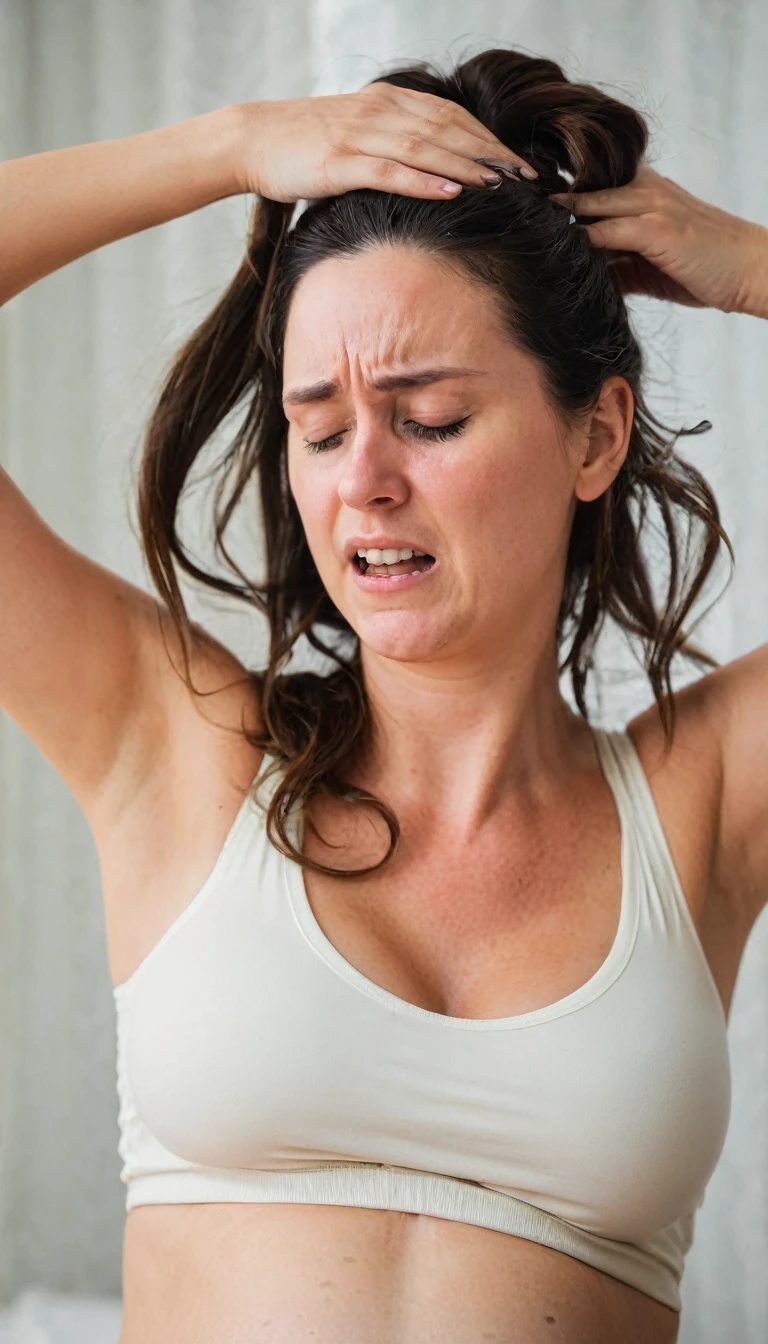 a pregnant woman highlights her belly with her hands over her hair with a face of great pain 