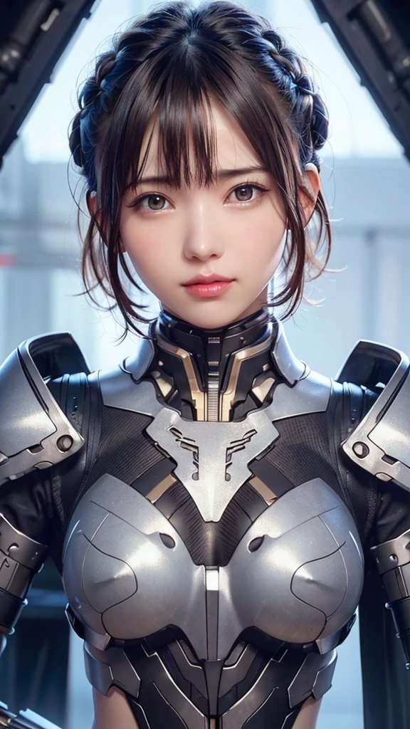 1 Mecha Girl,Ultra-Realistic Details, Portraiture, Global Illumination, Shadow, Octane Rendering, 8K, Ultra Sharp,Complex, Decorations detailed, Cool colors, Metal, More about Egypt, highly Complex details, Realistic Light, Trending on CGSociety, Shining Eyes, Facing camera, Neon Details, Mechanical Limbs,Blood vessels connected to tubes,Mechanical vertebrae attached to the back,Mechanical cervical spine attached to the neck,Sitting,Wires and cables connected to the head、((Headshot closeup:1.5))、The body is slim、Flat Body、cute、、