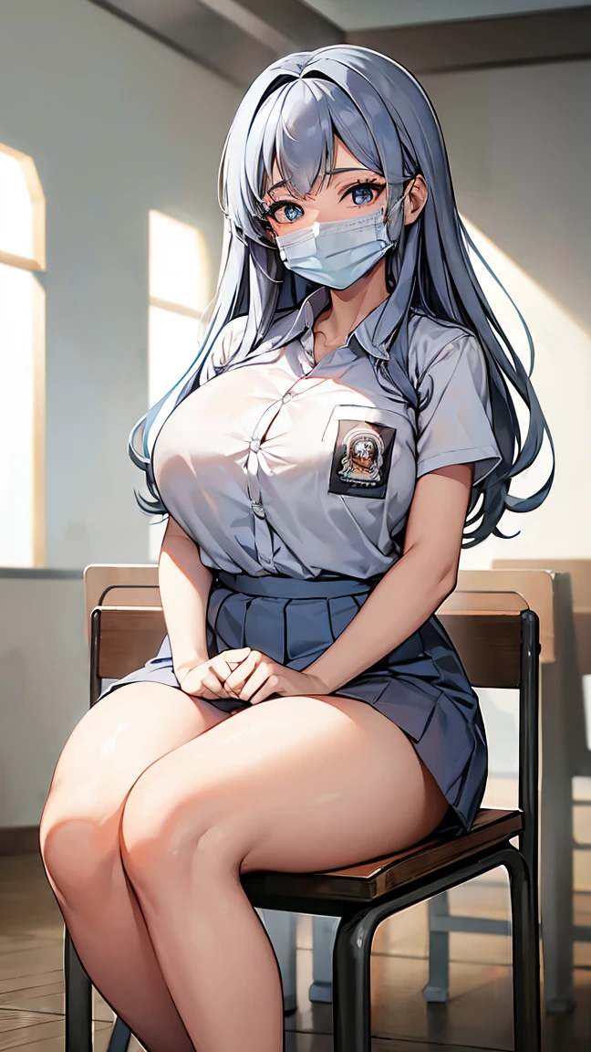 1 woman, , (long curls, grey hair), scared face expression, plump body, blue eyes, Indonesian high-school uniform, (smile:1.4), osis logo on shirt pocket, huge XL breasts, light-grey pleated skirt, sitting on a chair, seductive pose, full body shot, smiling, in the classroom, wearing a mask (white surgical mask, surgical mask fit his face:1.2).