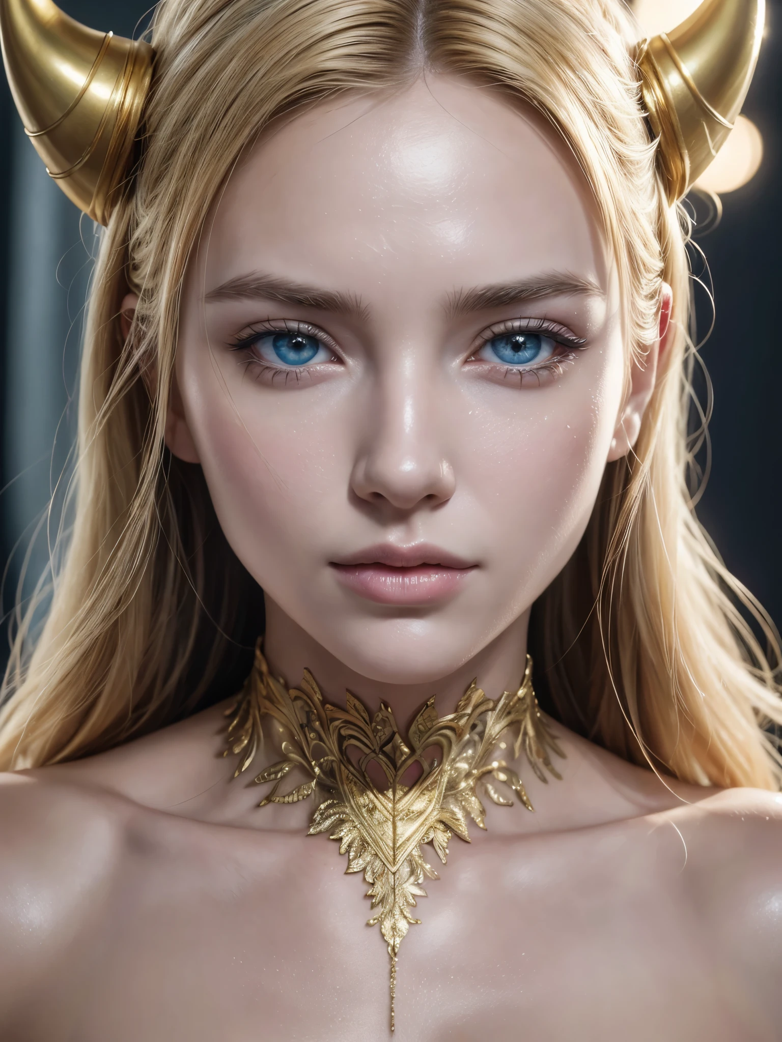  Photo of a beautiful, muscular woman With white, Porcelain skin, with cracks of gold It has golden horns, with elegant adornments, She has very light and shiny blonde hair, Eyes without globes. (best quality,4k,8k,highres,masterpiece:1.2),ultra-detailed,(realistic,photorealistic,photo-realistic:1.37),portrait,concept art,dramatic lighting,vivid colors,intricate details, (Avoid deformed and poorly drawn eyes)