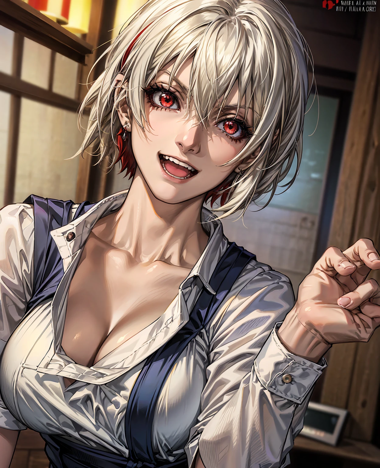 alice, anime art style, 1girl, solo, breasts, looking_at_viewer, smile, short_hair, open_mouth, large_breasts, red_eyes, hair_between_eyes, upper_body, white_hair, :d, blurry, chef