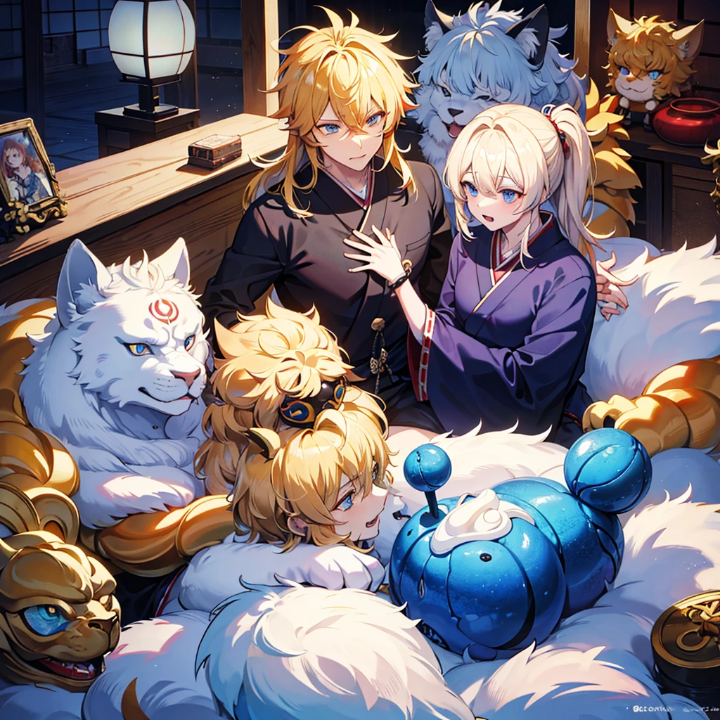 Masculine, monstrous version of the Japanese spirit Komainu with big blonde hair and blue eyes