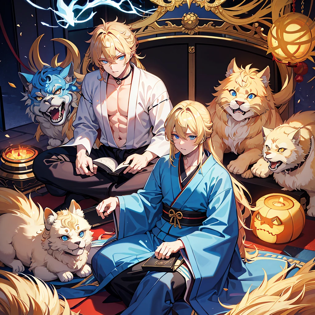 Masculine, monstrous version of the Japanese spirit Komainu with big blonde hair and blue eyes 