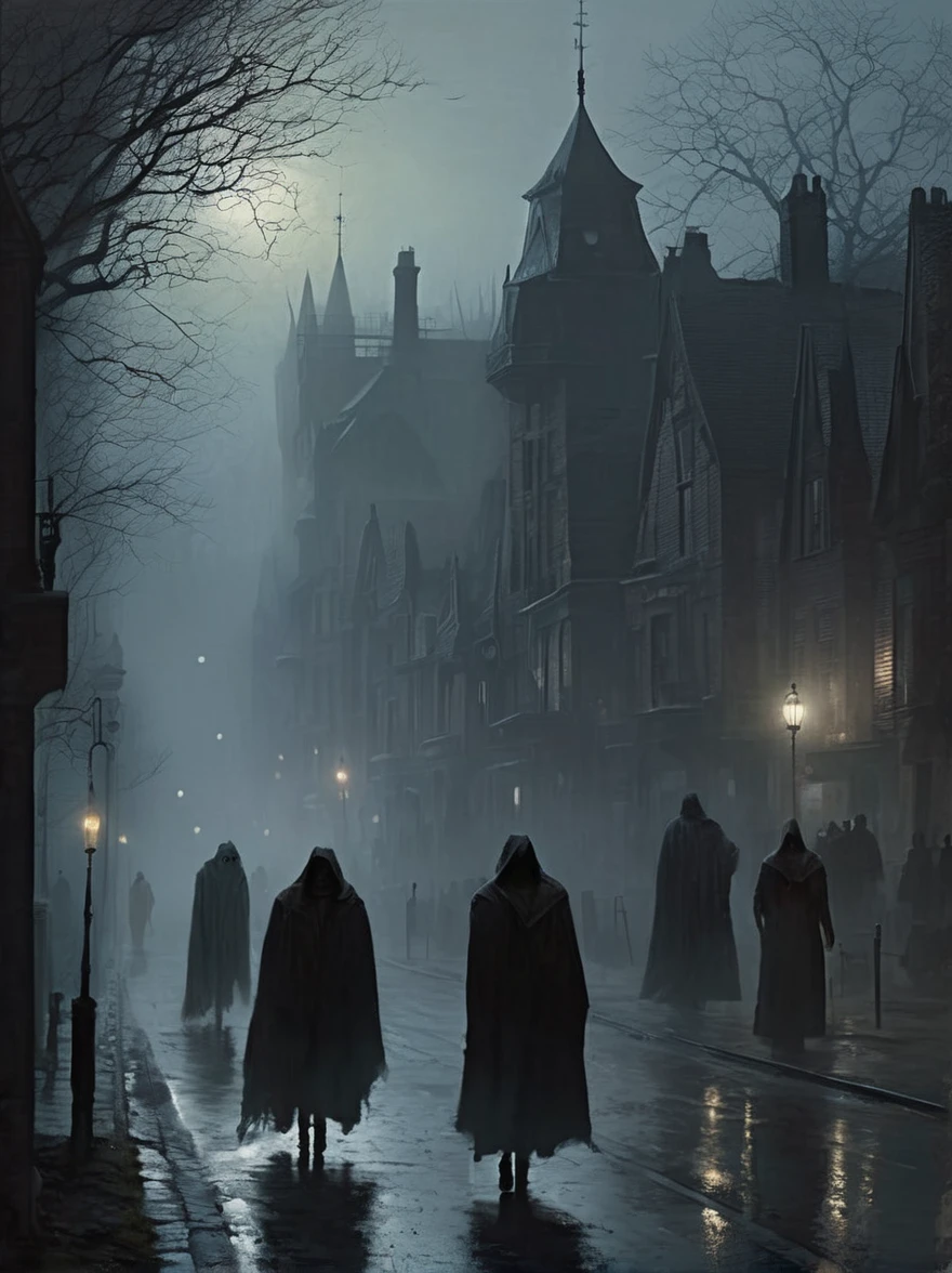 A mysterious fog descends upon
a sleepy town, cloaking its streets
in an eerie haze. As night falls,
strange figures emerge from the
mist, their faces hidden beneath
tattered cloaks as they move
silently through the shadows
