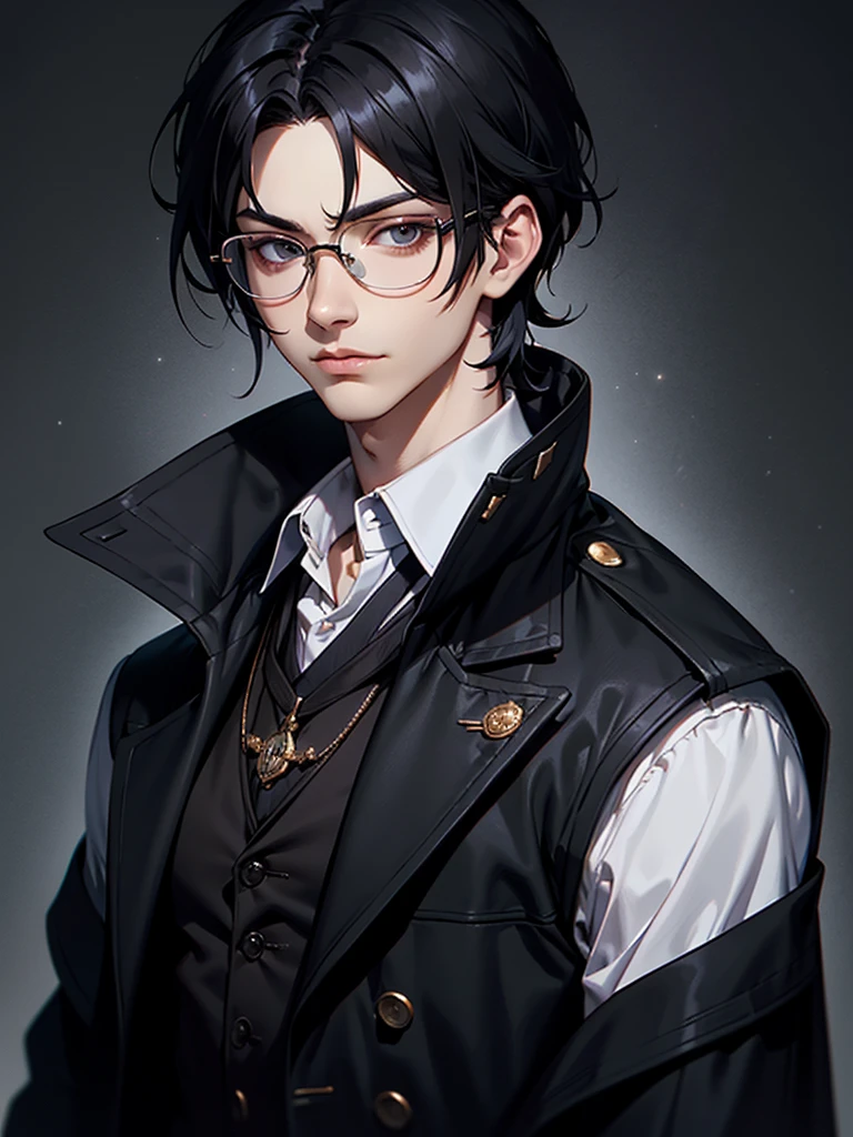 ((Portrait)), He has a Charismatic, Black-Haired Appearance, with a Sophisticated and Confident Aura. He has a Slim, Yet Fit Build, Exuding Elegance and Poise. His Light Gray Eyes Sparkle with Wit and Charm. His Short, Tousled Black Hair Frames His Face, Adding to His Youthful and Dynamic Look. He Wears a Stylish Black Trench Coat Over a Red Plaid Vest and Black Dress Shirt, Paired with a Black Scarf. His Outfit Gives Off a Sleek and Fashionable Vibe. ((Portrait, HDR, Dark Background))