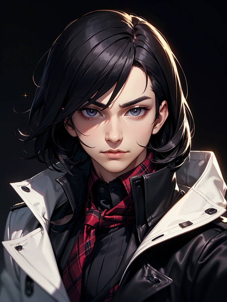 ((Portrait)), He has a Charismatic, Black-Haired Appearance, with a Sophisticated and Confident Aura. He has a Slim, Yet Fit Build, Exuding Elegance and Poise. His Light Gray Eyes Sparkle with Wit and Charm. His Short, Tousled Black Hair Frames His Face, Adding to His Youthful and Dynamic Look. He Wears a Stylish Black Trench Coat Over a Red Plaid Vest and Black Dress Shirt, Paired with a Black Scarf. His Outfit Gives Off a Sleek and Fashionable Vibe. ((Portrait, HDR, Dark Background))