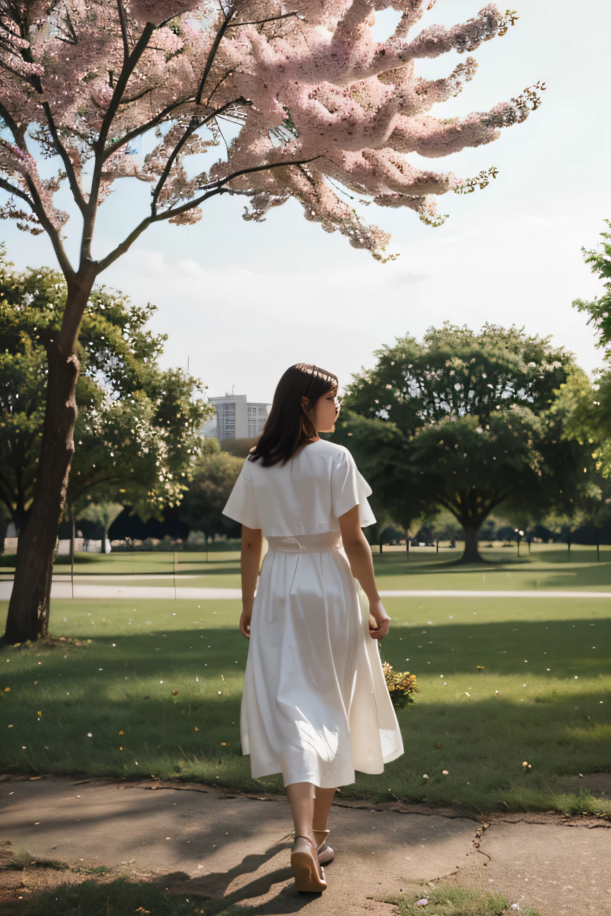 A woman walks in the park there are flowers behind her