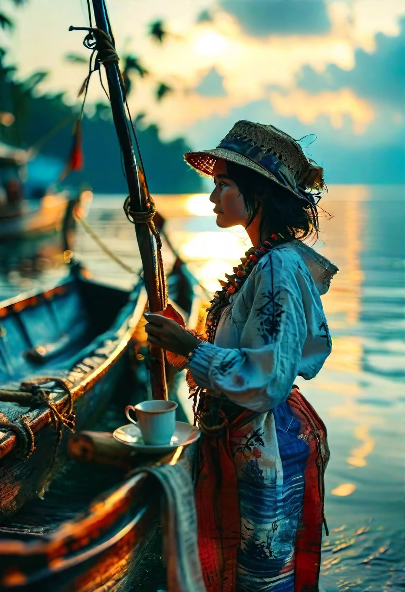 /imagine prompt: A beautiful local fisherwoman enjoying the solitude of early morning on the sea in her traditonal kanusailboat, casting her line while holding a warm cup of coffee, surrounded by natural calm beauty, captured vibrantly with the Olympus OM-D E-M1 Mark III's high resolution, --chaos 15 --ar 16:9 --stylize 50 --weird 400 --quality 25 --niji