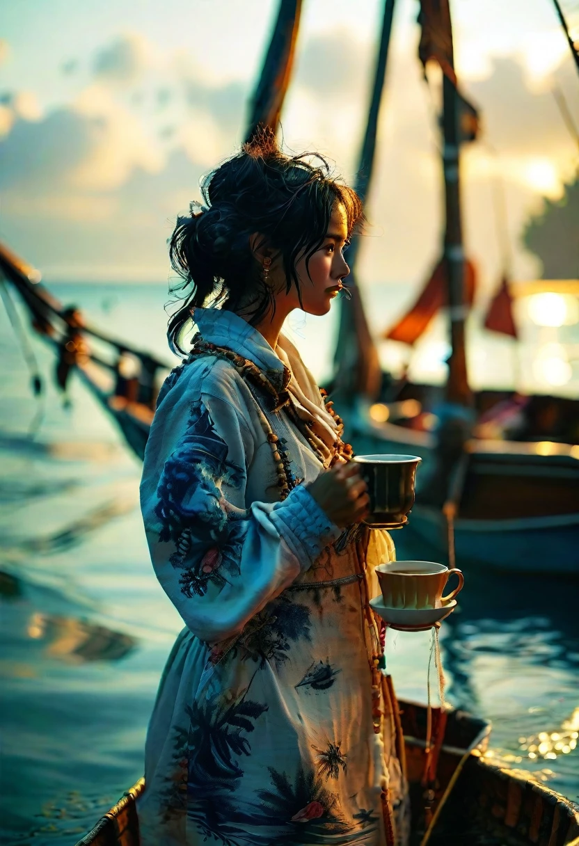 /imagine prompt: A beautiful local fisherwoman enjoying the solitude of early morning on the sea in her traditonal kanusailboat, casting her line while holding a warm cup of coffee, surrounded by natural calm beauty, captured vibrantly with the Olympus OM-D E-M1 Mark III's high resolution, --chaos 15 --ar 16:9 --stylize 50 --weird 400 --quality 25 --niji