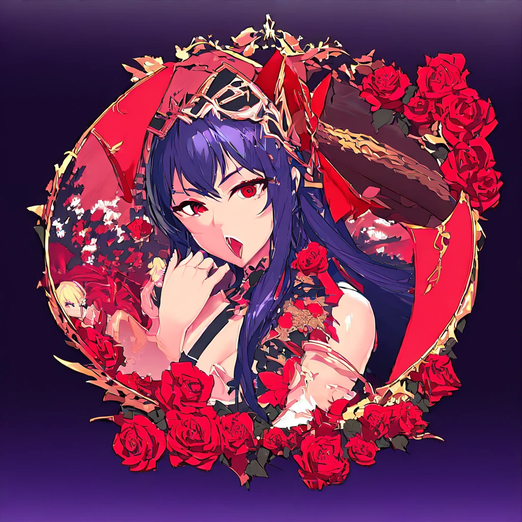 (masterpiece), (girl, full body, holding sword, red medieval sword), (black dress, ornate red, red flower patterned, translucent), (red eyes, angry), (scenery, roses, rose field, roses ornaments, stary night, night sky, clouds, flying roses), (blur, depth of field)
