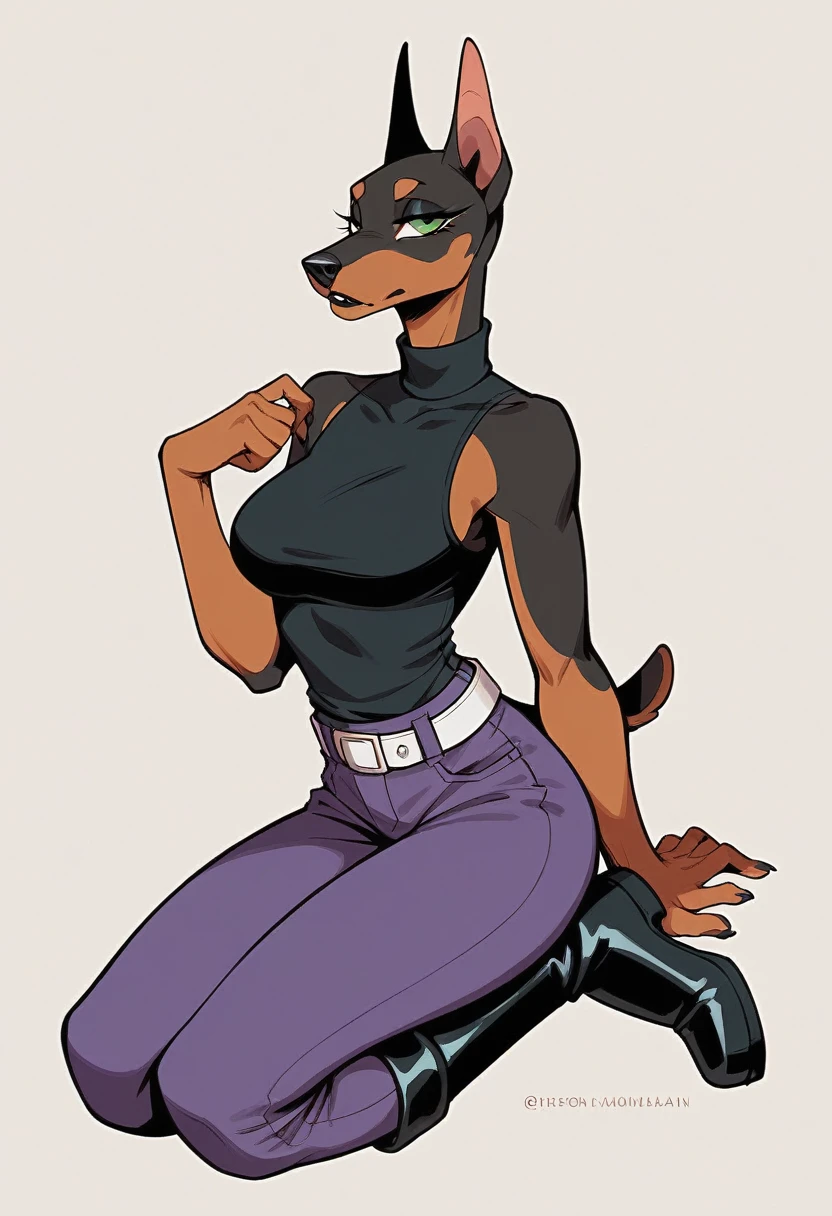 Ultra quality, Stylized 2D style, vivid colors, female anthropomorphic Doberman, she have a green eyes, and she has a beautiful Doberman face, she have dark green low lip, Shes wearing a black sleeveless turtleneck and purple pants, and she has black boots, She is wearing a white belt, Shes is slim and tall, full image body character view.
