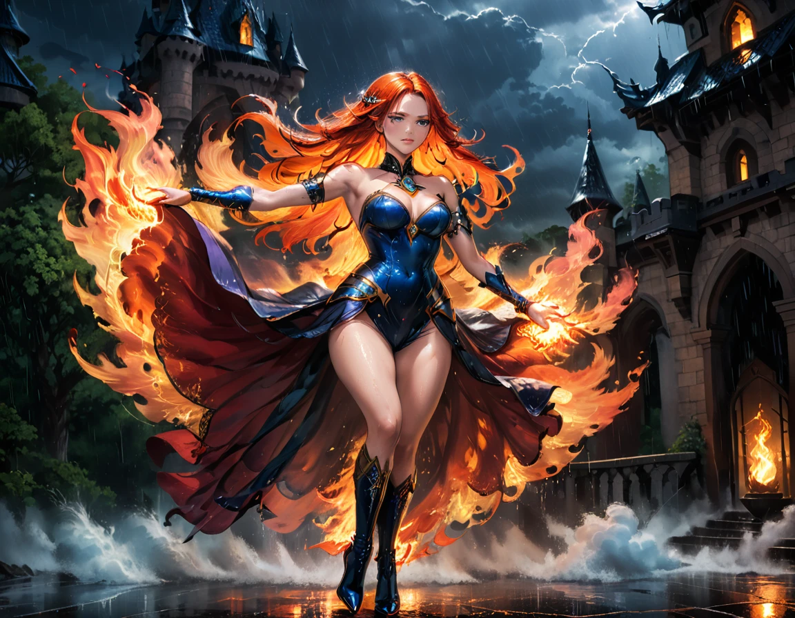 a sorceress of fire making fire dance in a the (storm of rain: 1.3), a most exquisite beautiful sorceress, controlling fire manipulating fire, a woman, dynamic hair color, dynamic hair style, (most beautiful face: 1.3), (ultra detailed face: 1.2), wet hair, wet face, dynamic eyes color, full body shot, wearing dress made of fire, wearing intricate high heels, light make up, dancing in courtyard of a fantasy castle background, ((heavy rain drops: 1.1)), clouds in the sky, (anatomically correct: 1.4), (full body shot: 1.1) , vibrant, Ultra-high resolution, High Contrast, (masterpiece:1.5), highest quality, Best aesthetics), best details, best quality, highres, ultra wide angle, 16k, [ultra detailed], masterpiece, best quality, (extremely detailed),DARK, chumbasket art style