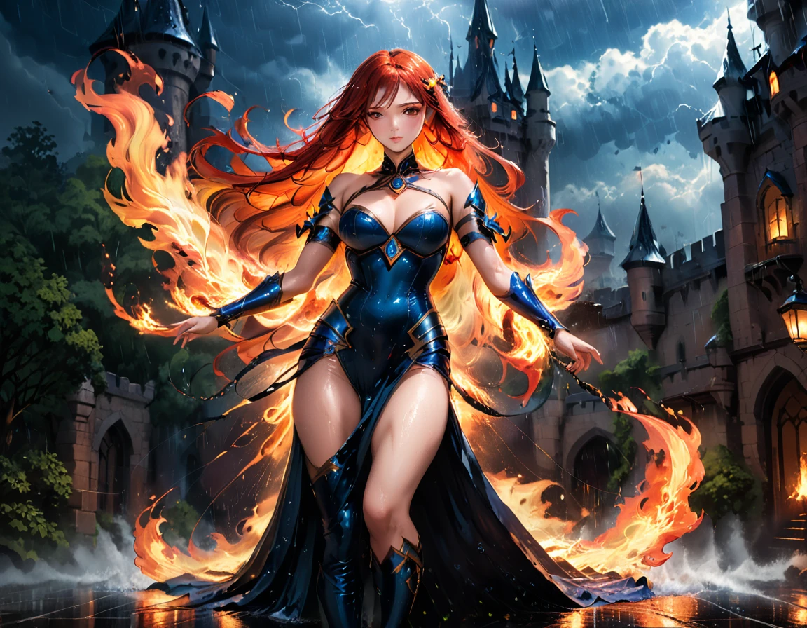 a sorceress of fire making fire dance in a the (storm of rain: 1.3), a most exquisite beautiful sorceress, controlling fire manipulating fire, a woman, dynamic hair color, dynamic hair style, (most beautiful face: 1.3), (ultra detailed face: 1.2), wet hair, wet face, dynamic eyes color, full body shot, wearing dress made of fire, wearing intricate high heels, light make up, dancing in courtyard of a fantasy castle background, ((heavy rain drops: 1.1)), clouds in the sky, (anatomically correct: 1.4), (full body shot: 1.1) , vibrant, Ultra-high resolution, High Contrast, (masterpiece:1.5), highest quality, Best aesthetics), best details, best quality, highres, ultra wide angle, 16k, [ultra detailed], masterpiece, best quality, (extremely detailed),DARK, chumbasket art style