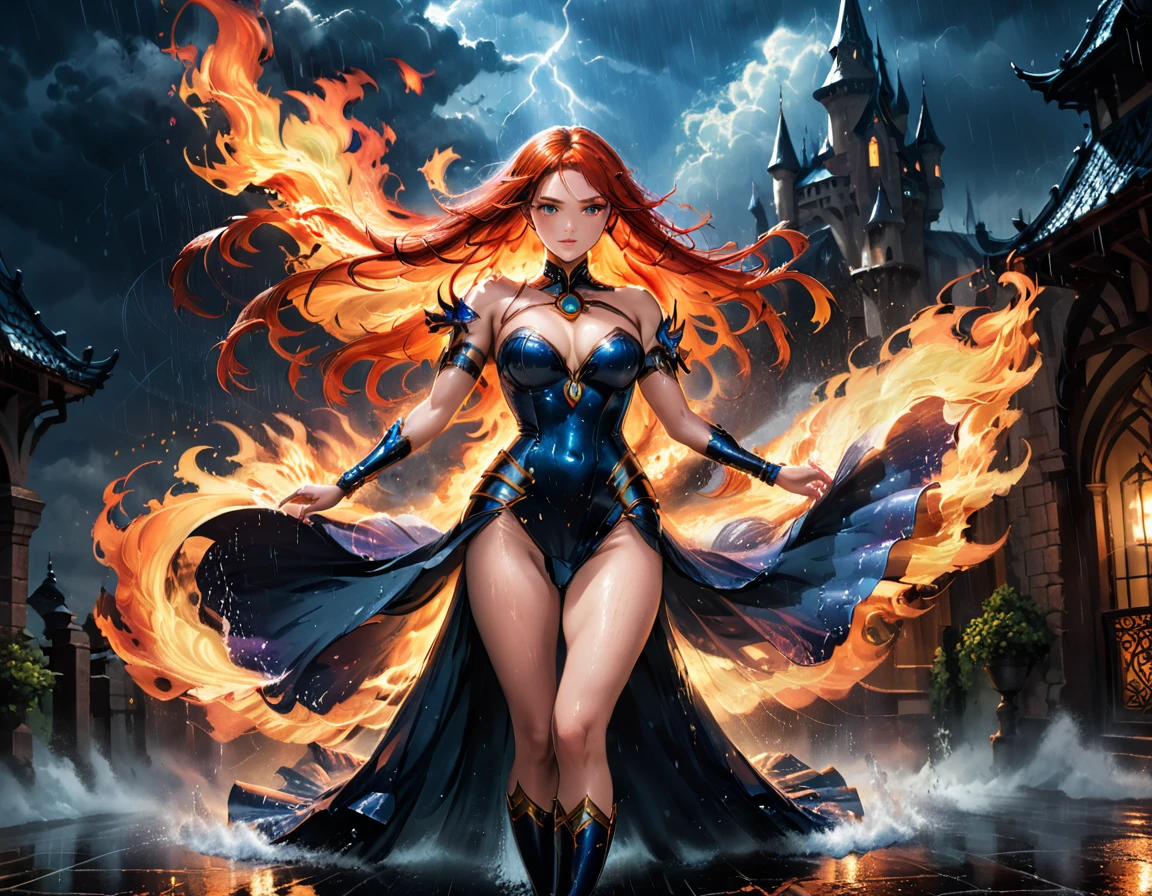 a sorceress of fire making fire dance in a the (storm of rain: 1.3), a most exquisite beautiful sorceress, controlling fire manipulating fire, a woman, dynamic hair color, dynamic hair style, (most beautiful face: 1.3), (ultra detailed face: 1.2), wet hair, wet face, dynamic eyes color, full body shot, wearing dress made of fire, wearing intricate high heels, light make up, dancing in courtyard of a fantasy castle background, ((heavy rain drops: 1.1)), clouds in the sky, (anatomically correct: 1.4), (full body shot: 1.1) , vibrant, Ultra-high resolution, High Contrast, (masterpiece:1.5), highest quality, Best aesthetics), best details, best quality, highres, ultra wide angle, 16k, [ultra detailed], masterpiece, best quality, (extremely detailed),DARK, chumbasket art style