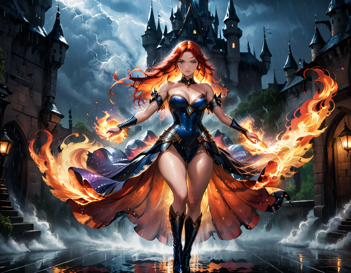 a sorceress of fire making fire dance in a the (storm of rain: 1.3), a most exquisite beautiful sorceress, controlling fire manipulating fire, a woman, dynamic hair color, dynamic hair style, (most beautiful face: 1.3), (ultra detailed face: 1.2), wet hair, wet face, dynamic eyes color, full body shot, wearing dress made of fire, wearing intricate high heels, light make up, dancing in courtyard of a fantasy castle background, ((heavy rain drops: 1.1)), clouds in the sky, (anatomically correct: 1.4), (full body shot: 1.1) , vibrant, Ultra-high resolution, High Contrast, (masterpiece:1.5), highest quality, Best aesthetics), best details, best quality, highres, ultra wide angle, 16k, [ultra detailed], masterpiece, best quality, (extremely detailed),DARK, chumbasket art style