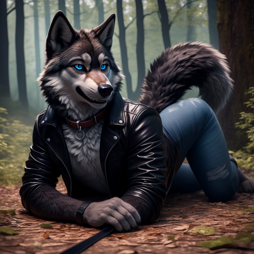 Male, 30 years old, cute, eyeliner, big grin, very happy, black leather jacket, anthro, wolf ears, (black fur:1.5), wolf, forest background, 8k, hi res, (best quality, masterpiece), (wolf tail:1.5), detailed fur, solo, leash and collar, blue jeans, blue eyes, lying down on the ground