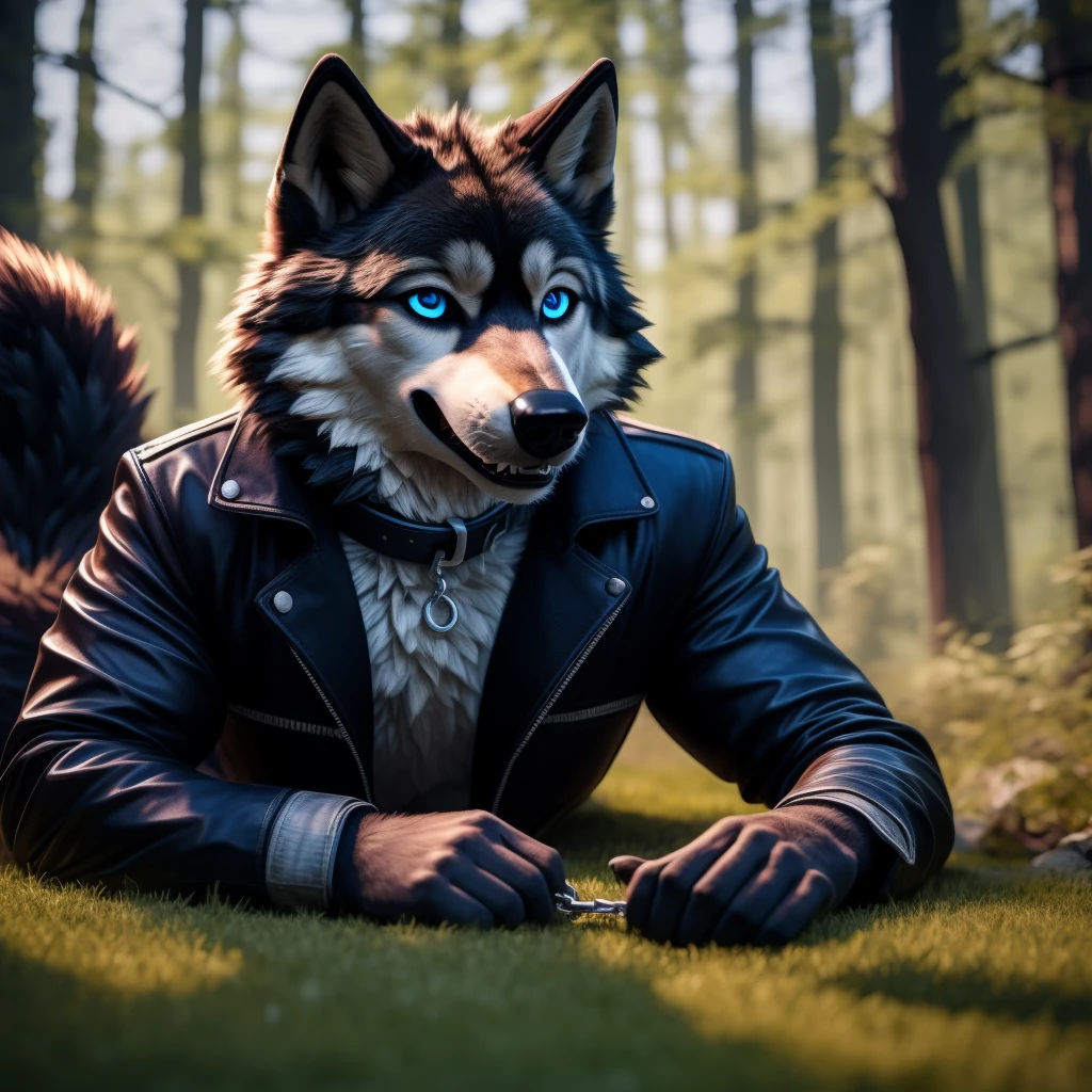 Male, 30 years old, cute, eyeliner, big grin, very happy, black leather jacket, anthro, wolf ears, (black fur:1.5), wolf, forest background, 8k, hi res, (best quality, masterpiece), (wolf tail:1.5), detailed fur, solo, leash and collar, blue jeans, blue eyes, lying down on the ground