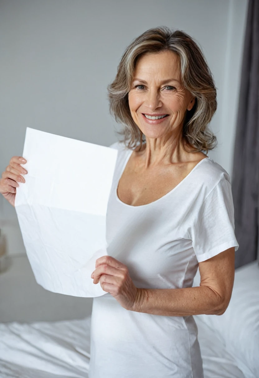 adult woman 50 years old, holds a white sheet of paper in one hand and shows it to the camera, with firm breasts, Standing beside the bed, smiling, looking at the camera
