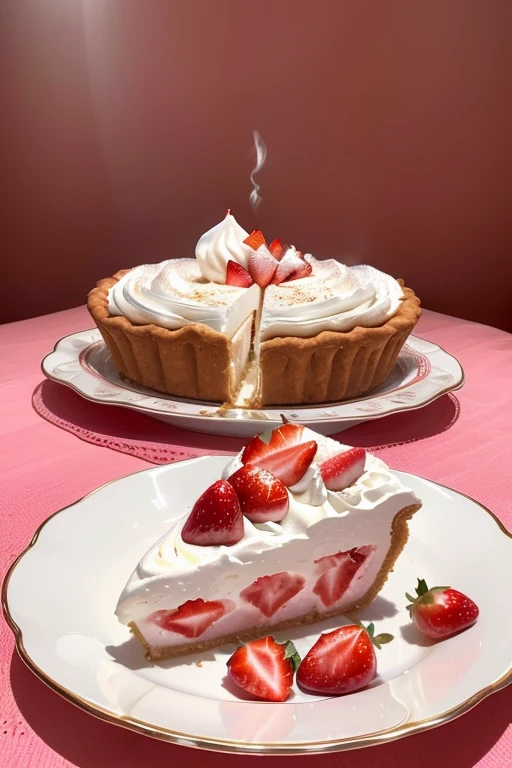 A majestic masterpiece! A stunning 16K ultra-high definition wallpaper featuring a delectable strawberry cream pie. The camera captures a mouthwatering close-up of the pie, with sliced strawberries and whipped cream artfully arranged on top. A slice is placed on a delicate plate, surrounded by a sea of parfait in various shades of pink. In the background, a steaming hot cup of coffee adds a warm touch to the composition. The lighting is slightly overexposed, accentuating the textures and colors. Every detail, from the strawberry slices to the whipped cream's soft peaks, is breathtakingly detailed, inviting the viewer to indulge in this scrumptious dessert.