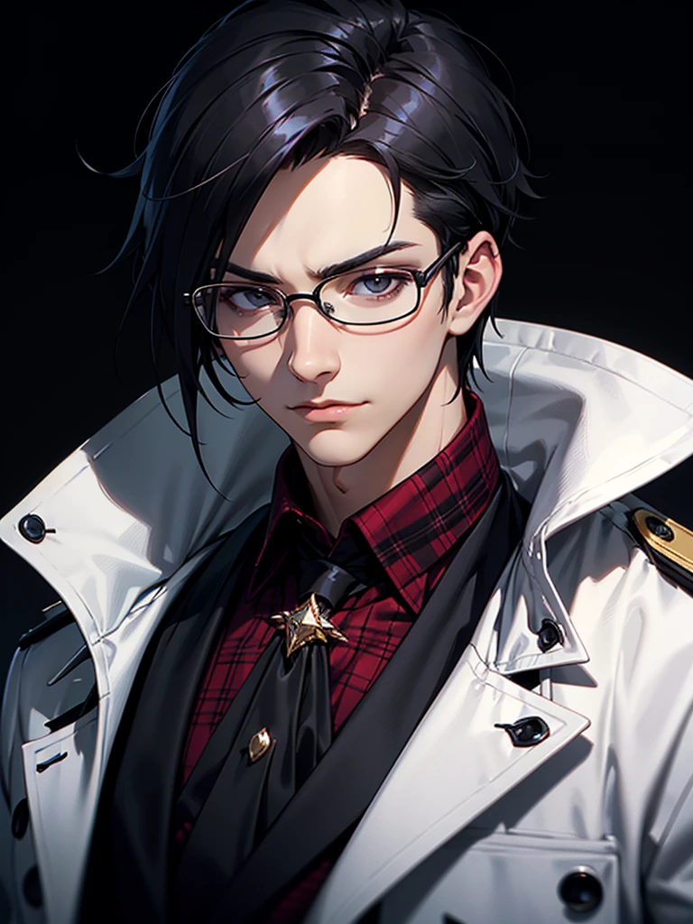 ((Portrait)), He has a Charismatic, Black-Haired Appearance, with a Sophisticated and Confident Aura. He has a Slim, Yet Fit Build, Exuding Elegance and Poise. His Light Gray Eyes Sparkle with Wit and Charm. His Short, Tousled Black Hair Frames His Face, Adding to His Youthful and Dynamic Look. He Wears a Stylish Black Trench Coat Over a Red Plaid Vest and Black Dress Shirt, Paired with a Black Scarf. His Outfit Gives Off a Sleek and Fashionable Vibe. ((Portrait, HDR, Dark Background))