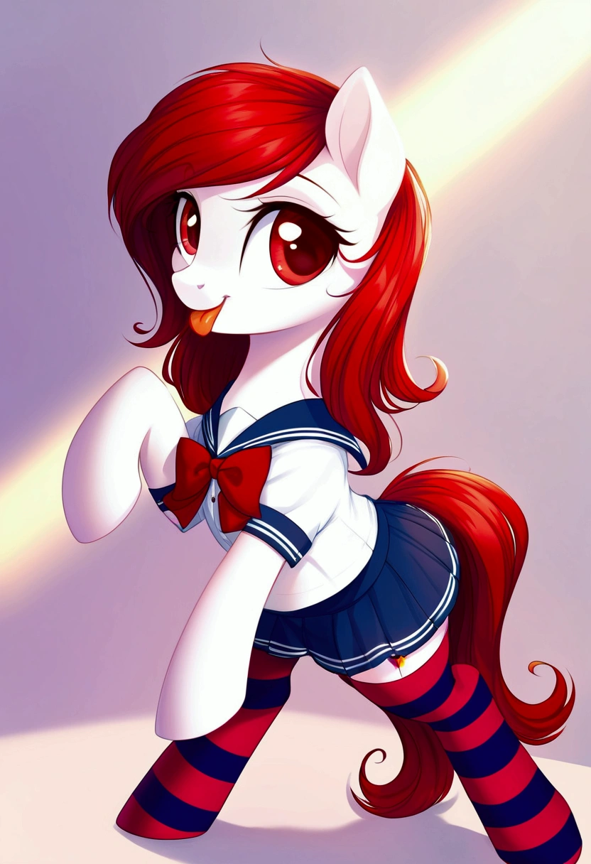 red hair, white body, red eyes, long hair, sky face, stockings, shy pose, panties, cameltoe, behind view, my little pony