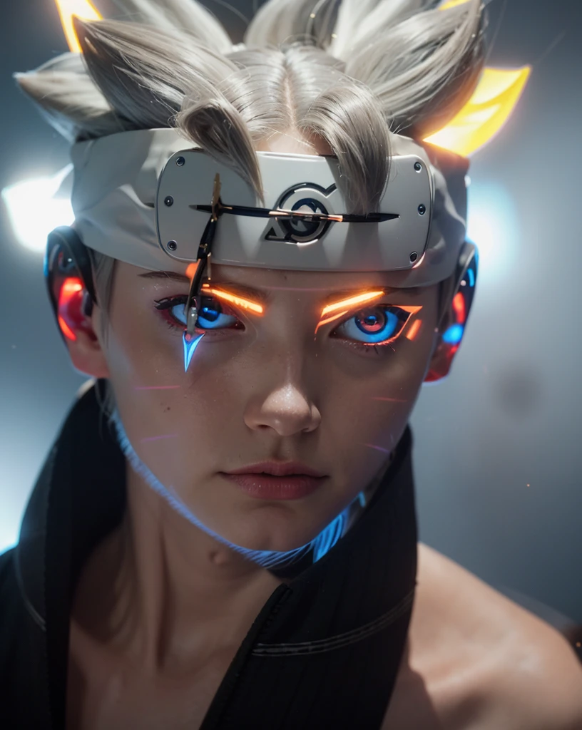 (dramatic, Grainy, intense:1.4),masterpiece, Highest quality, 8K, 非常識なdetailed, Intricate details, hyperdetailed, super high quality, High detail, ultra detailed, masterpiece,Upper Body, close,(Imide Shot,Macro photography:1.25),(Red eyes:1.5),(Gray Hair:1.2),One Man, Holographic Reality, Soft Light, movie rim light, Delicate Light, Cyberpunk Style, Studio Lighting,Artistic Rendering Style,Bright colors, Full Body Shot, 3D Artist, detailed, Futuristic, lightning,Real,髪の毛のdetailed, bolt, Yellow Hair, detailedな目, detailedな鼻, Realistic, black eye, Realistic, detailed black eye, blue eyes, Put on a ninja headband