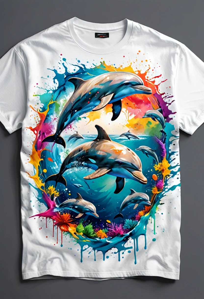 A t-shirt with a colorful illustration of dolphins in the middle of the sea, in the center, vibrant colors, paint splatters and stains, ultra details, 32K quality, neutral background
(artwork, best quality, professional, perfect composition, very aesthetic, absurdity, super detailed, intricate details:1.3)