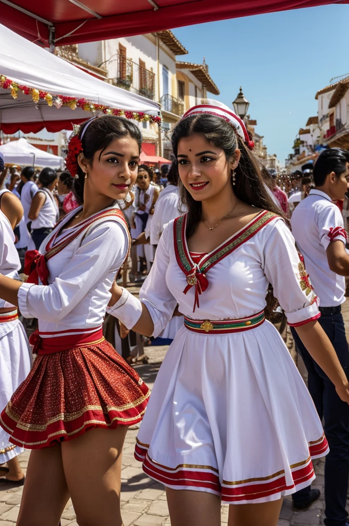 ."Festival in Trujillo:Description for AI: "A festival in Trujillo, with sailor dancers dressed in traditional costumes, live music and festive decorations."